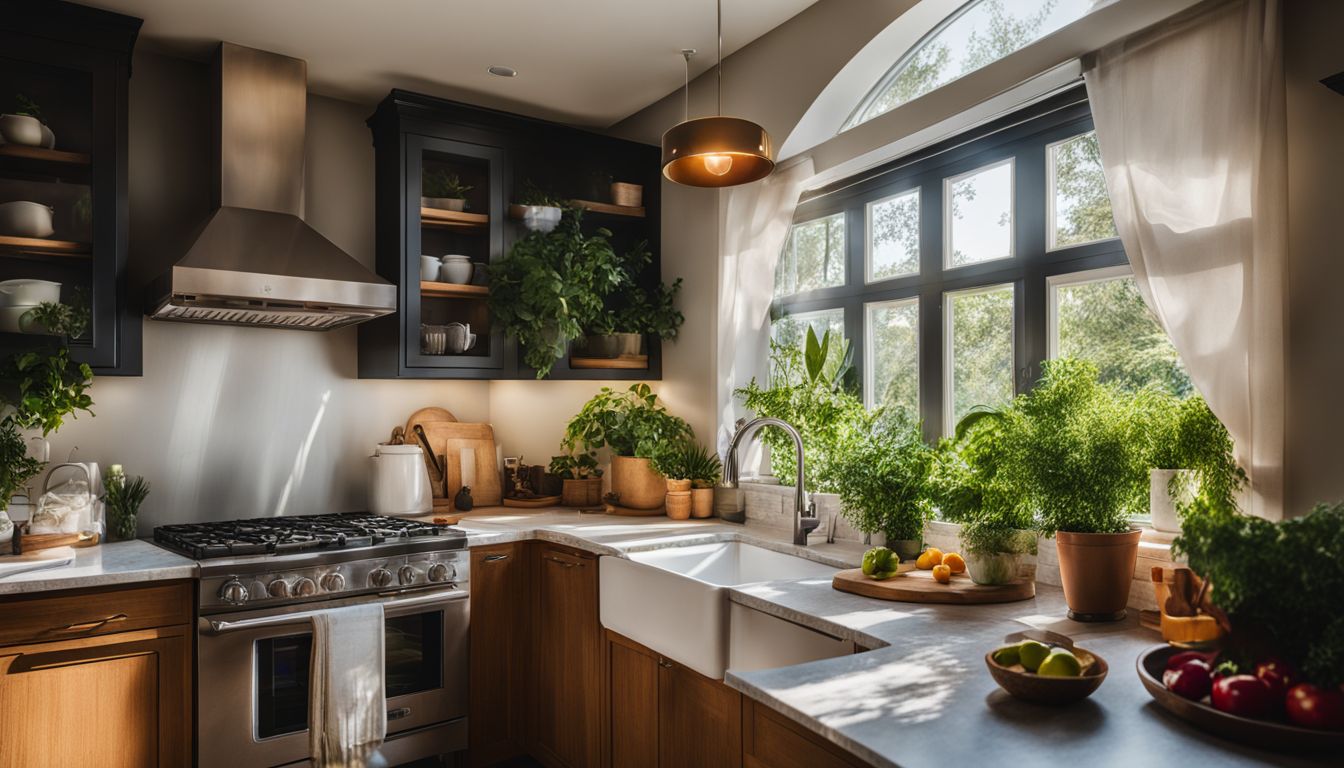 A sunlit kitchen window with a view of a lush backyard garden.