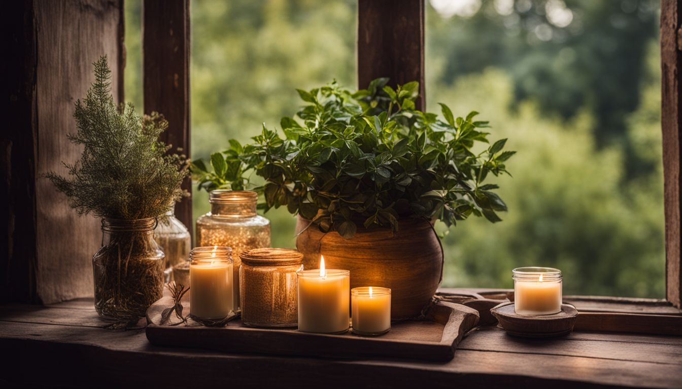 Scented candles on a rustic windowsill overlooking a serene garden.