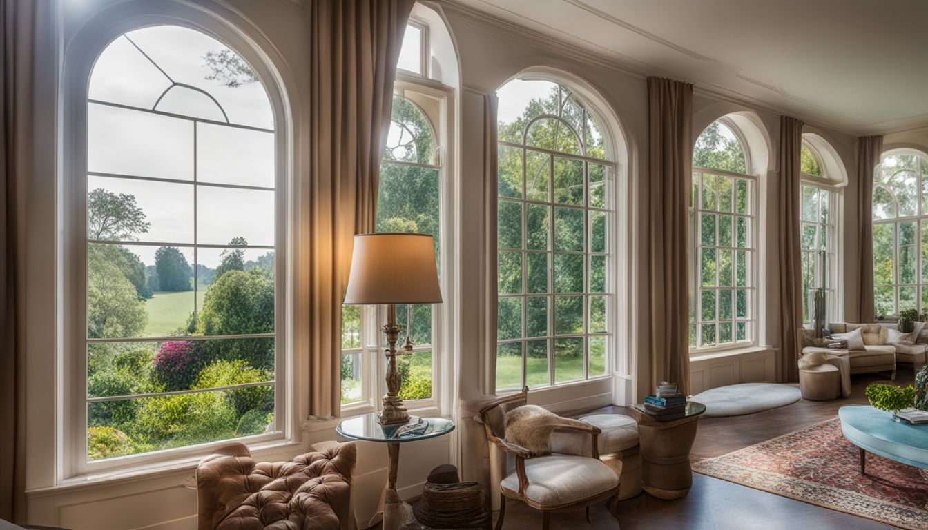 A photograph of sconce-lit casement windows overlooking a beautiful garden.