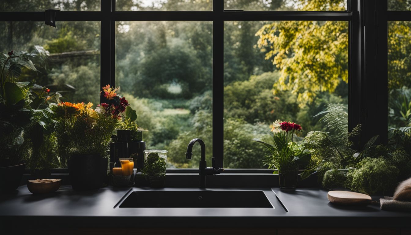 A black sink overlooking a lush garden with different faces and hairstyles.