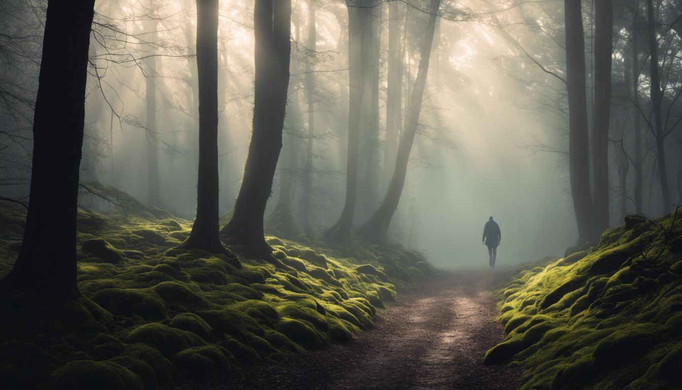 Lonely figure walks through eerie, moss-covered forest with sunlight rays.