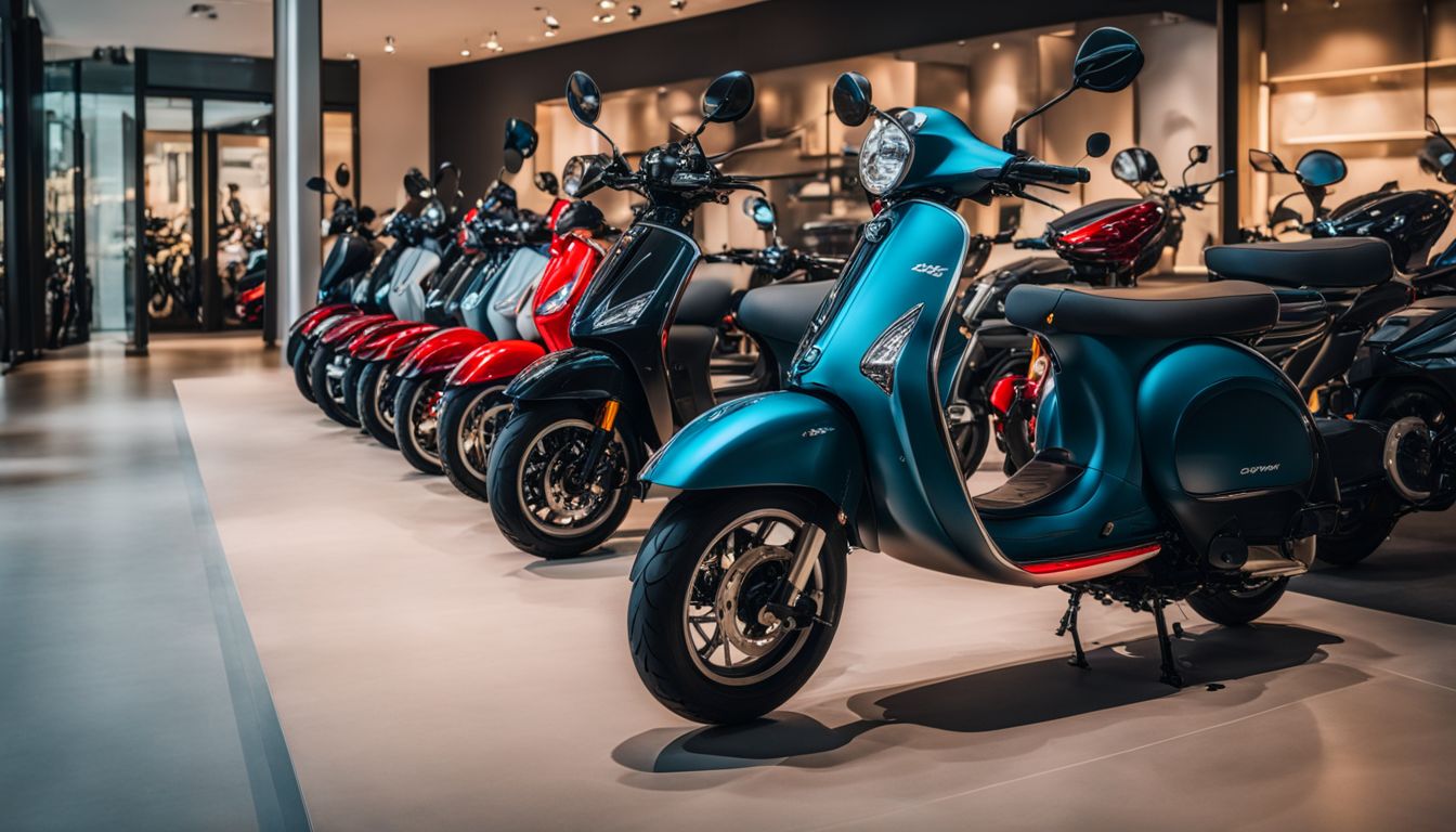 Een showroom met een rij verschillende soorten scooters.