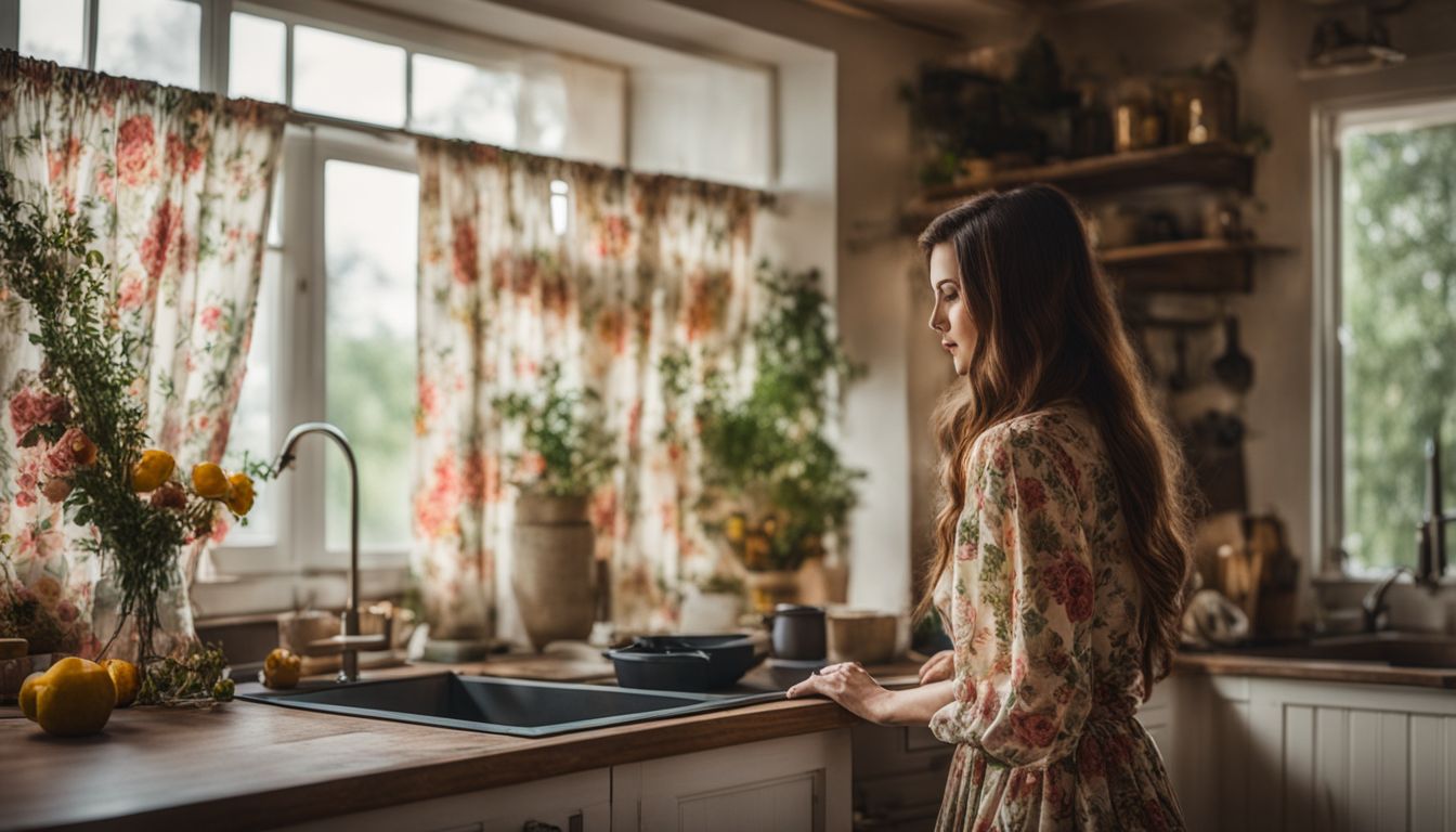 A cozy kitchen with vintage floral curtains and a bustling atmosphere.