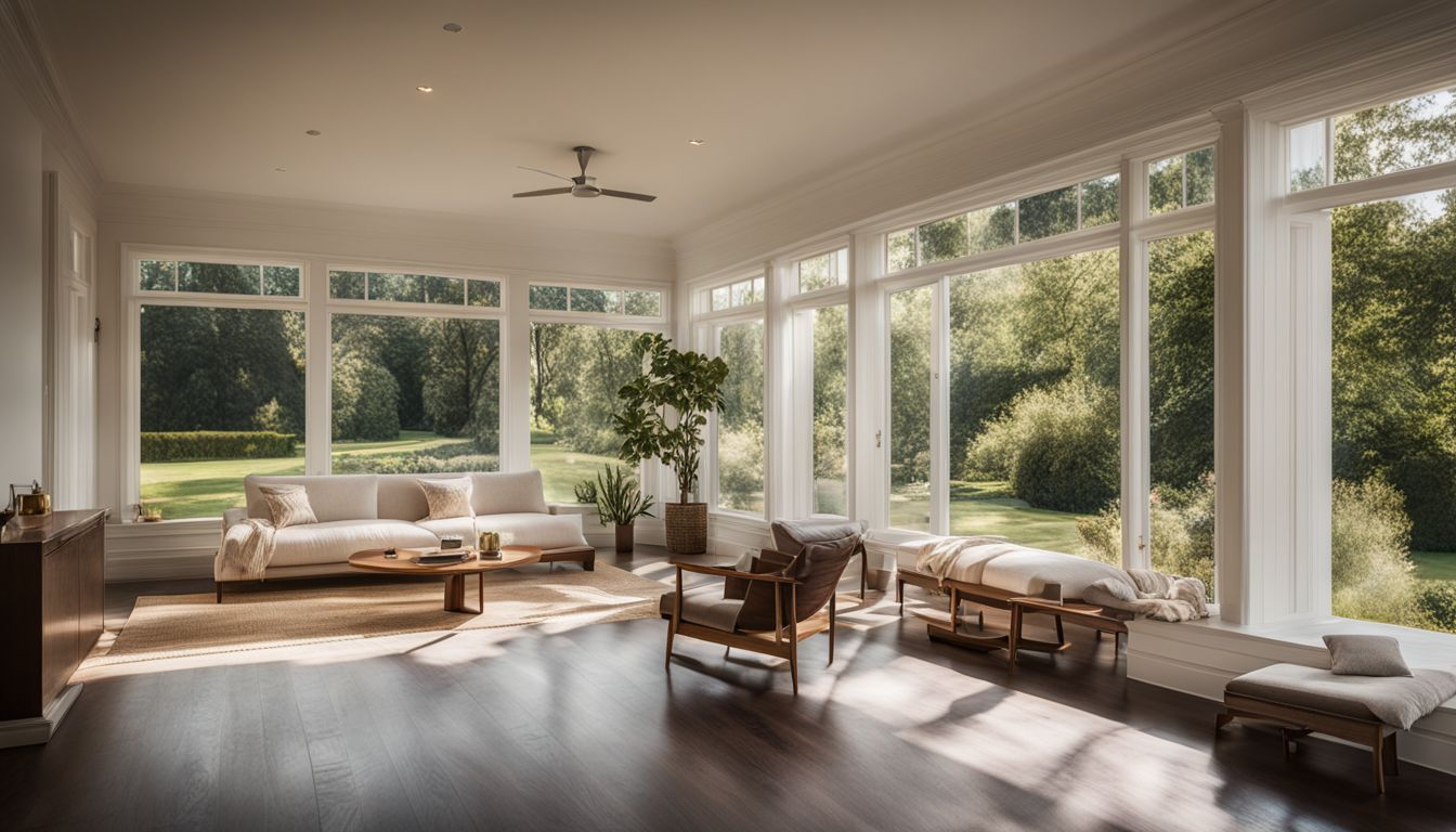 A serene garden view with white shiplap walls and large windows.