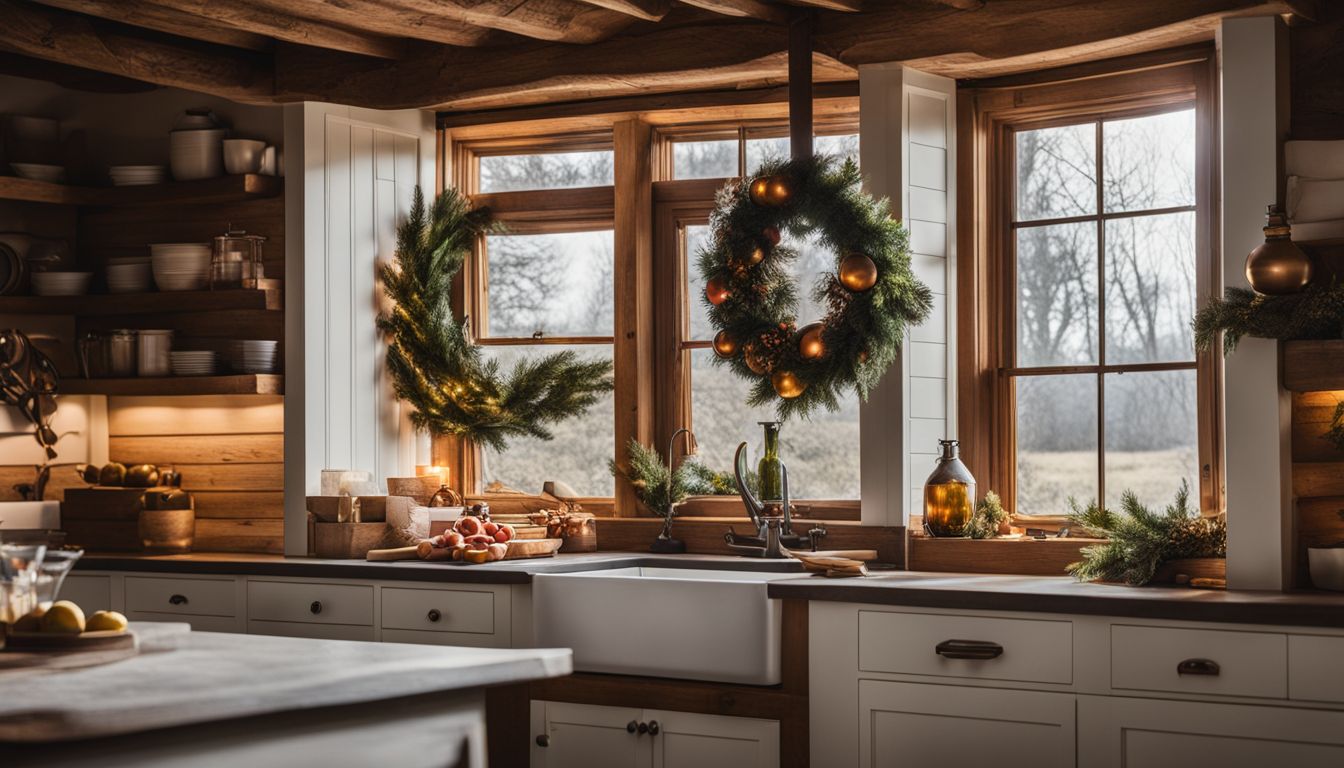 A rustic kitchen window adorned with a seasonal wreath.