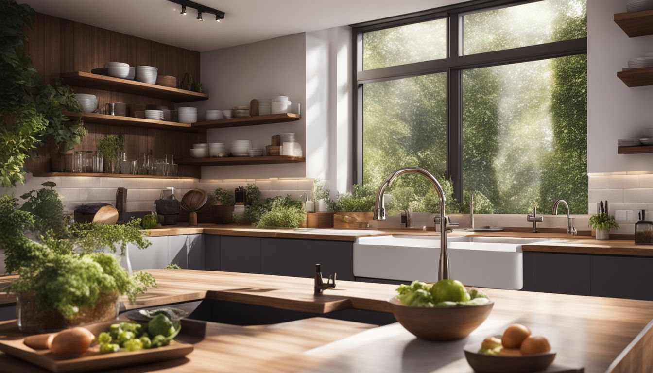 A modern kitchen with a large window overlooking a lush garden.