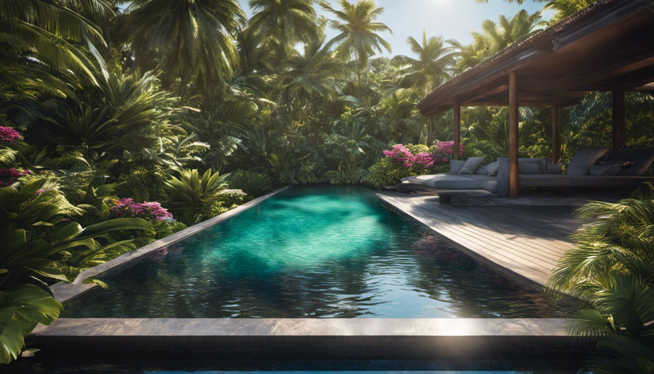 A picturesque black-tiled swimming pool surrounded by vibrant palm trees and exotic flowers in a tropical oasis.