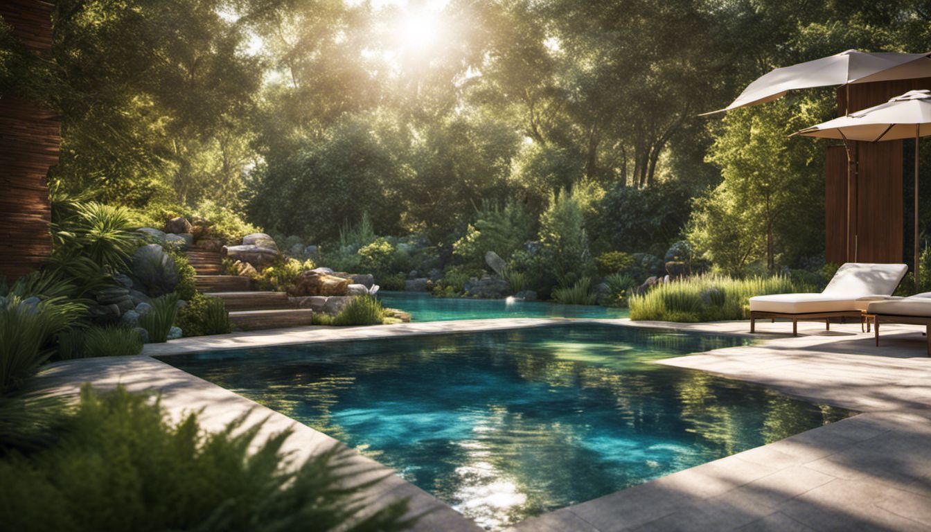 A backyard oasis with a beautiful swimming pool surrounded by lush greenery and reflecting the surrounding nature.