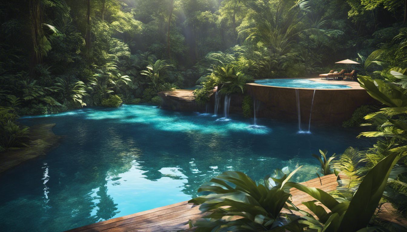 A pristine pool sits in a lush tropical rainforest, surrounded by colorful plants and bathed in sunlight.