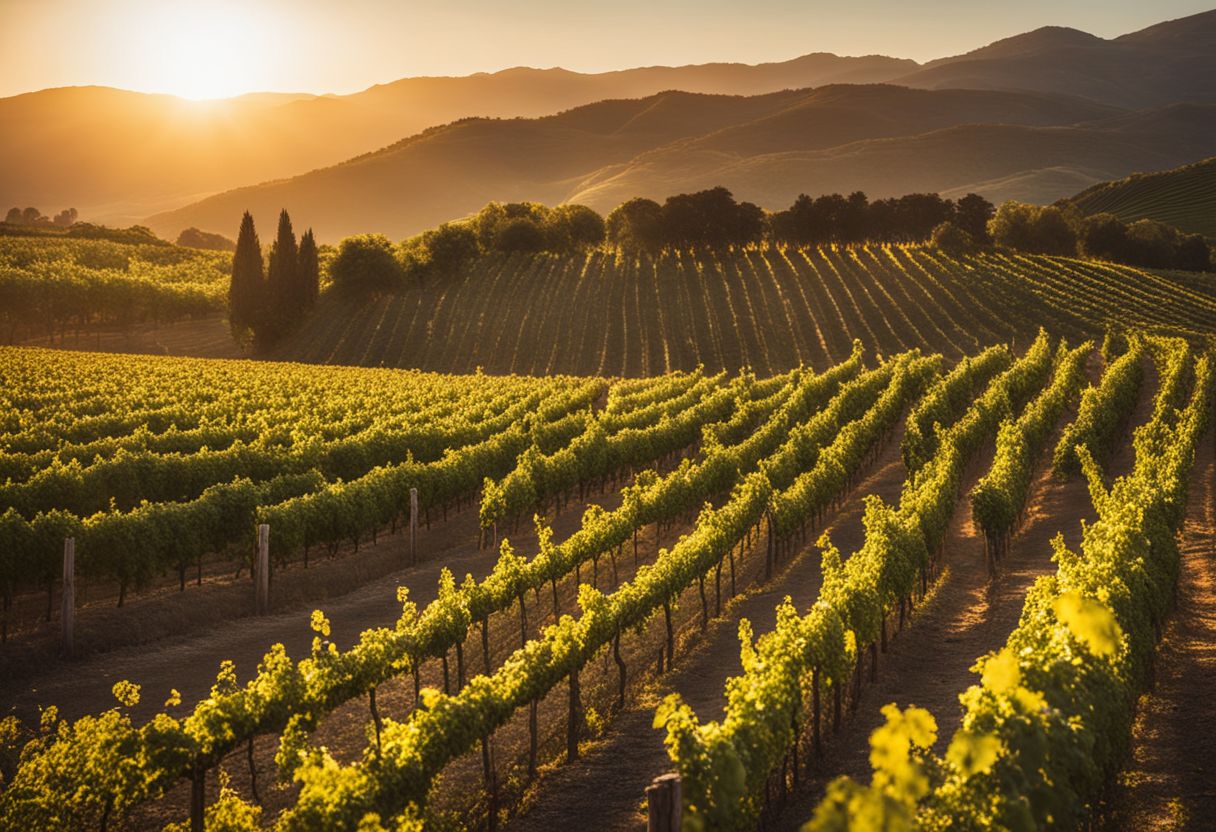 Een foto van een wijngaard bij zonsondergang met rijen weelderige Malbec druivenranken.
