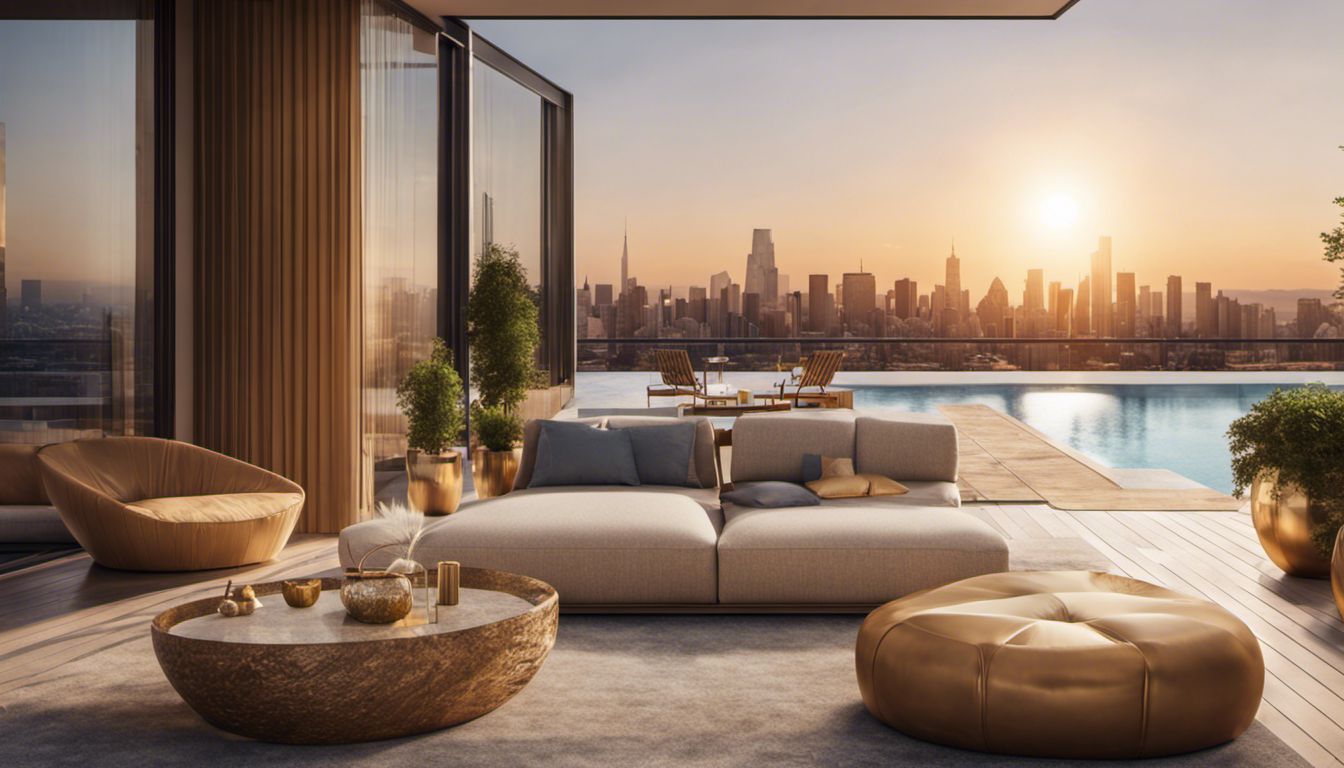 A stylish poolside lounge area with modern furniture and a cityscape photography on the wall.