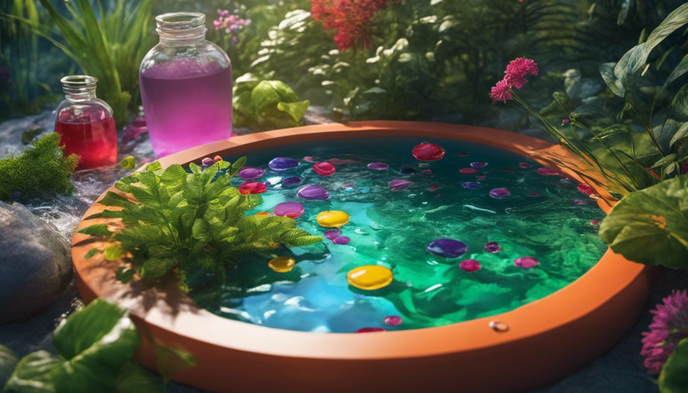 A colorful underwater world is depicted through bubbling pool water, plants, flowers, and chemical testing kits.