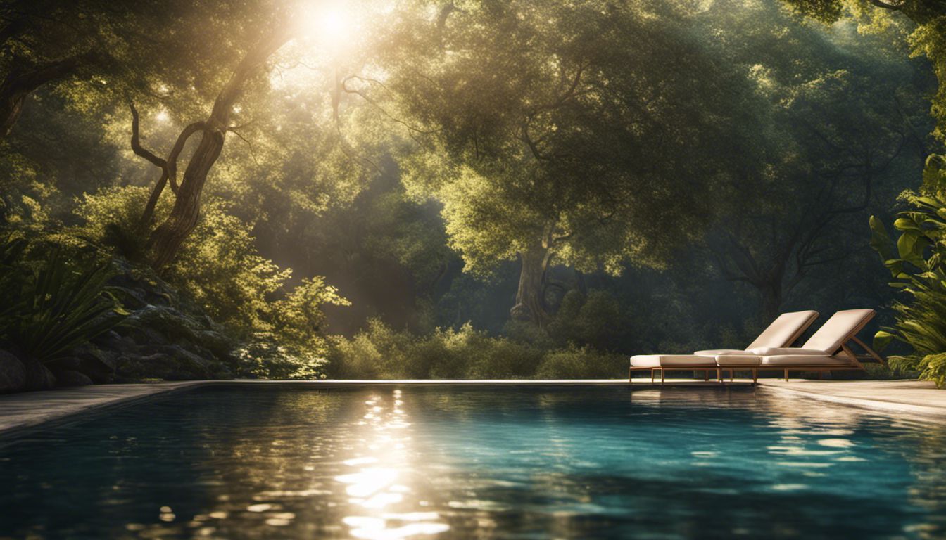 A serene pool nestled in lush foliage, illuminated by golden sunlight, showcasing nature's tranquility.