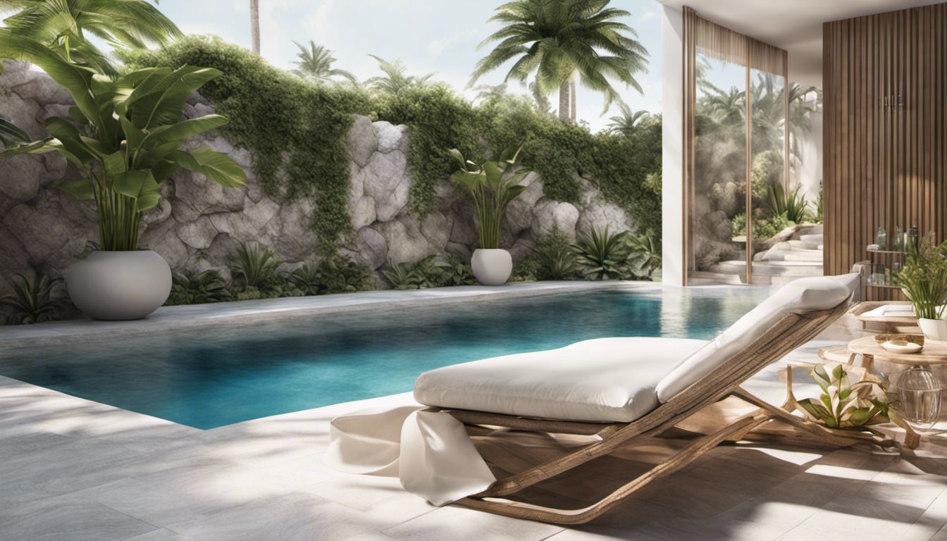 A luxurious oasis with a white plaster pool, surrounded by stone tiles and tropical plants.