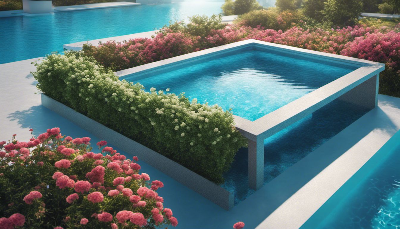 A pool brush glides over a serene swimming pool surface surrounded by vibrant greenery and colorful flowers.