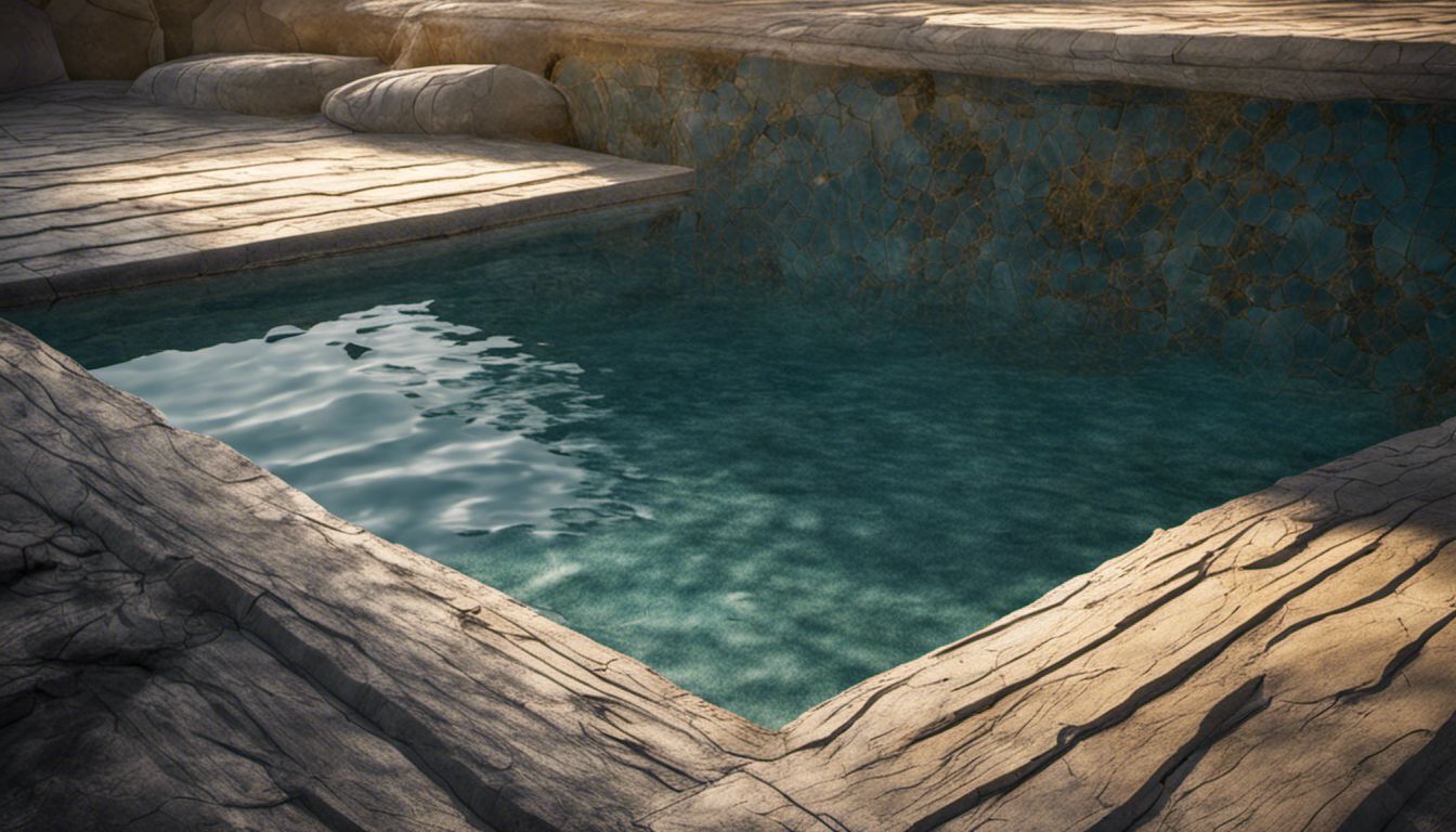 The image depicts the captivating deterioration of a pool's surface, showcasing nature's beauty in a serene landscape.