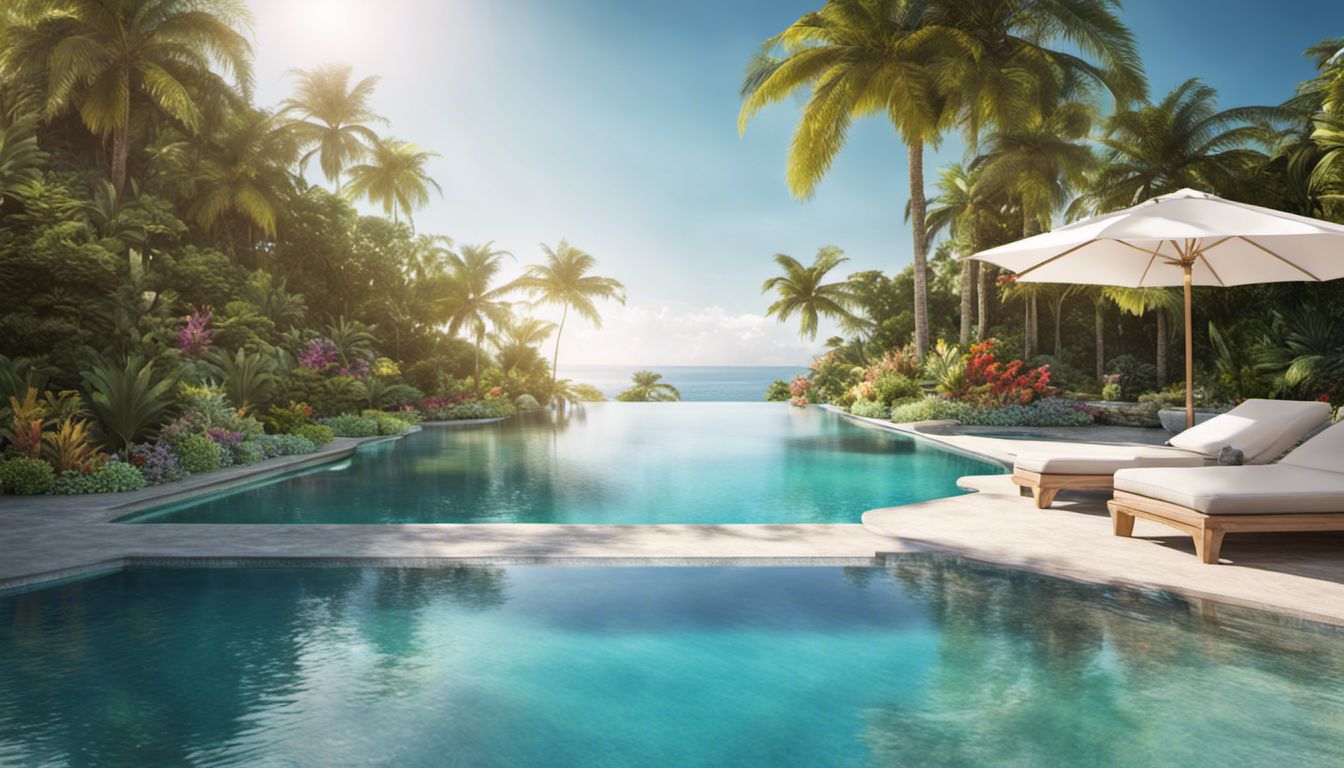 A stunning tropical paradise pool surrounded by palm trees and vibrant flowers, capturing the serenity of nature.