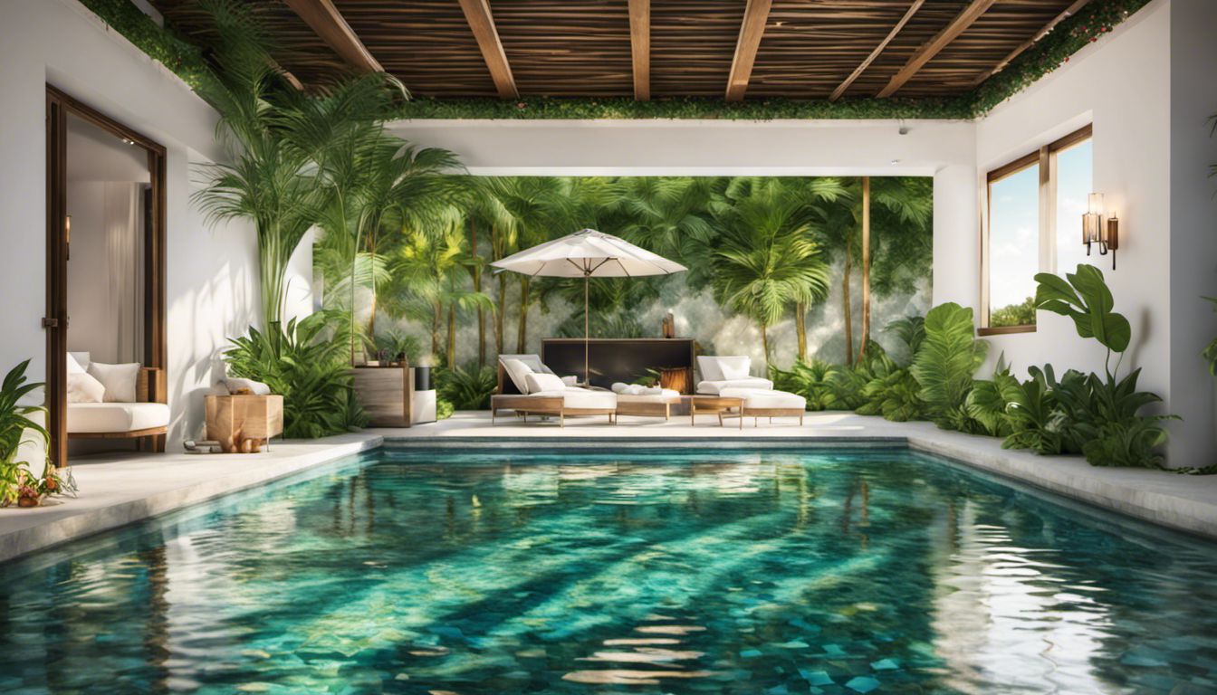 A stunningly renovated pool with a mosaic tile design surrounded by lush greenery exudes tranquility and luxury.