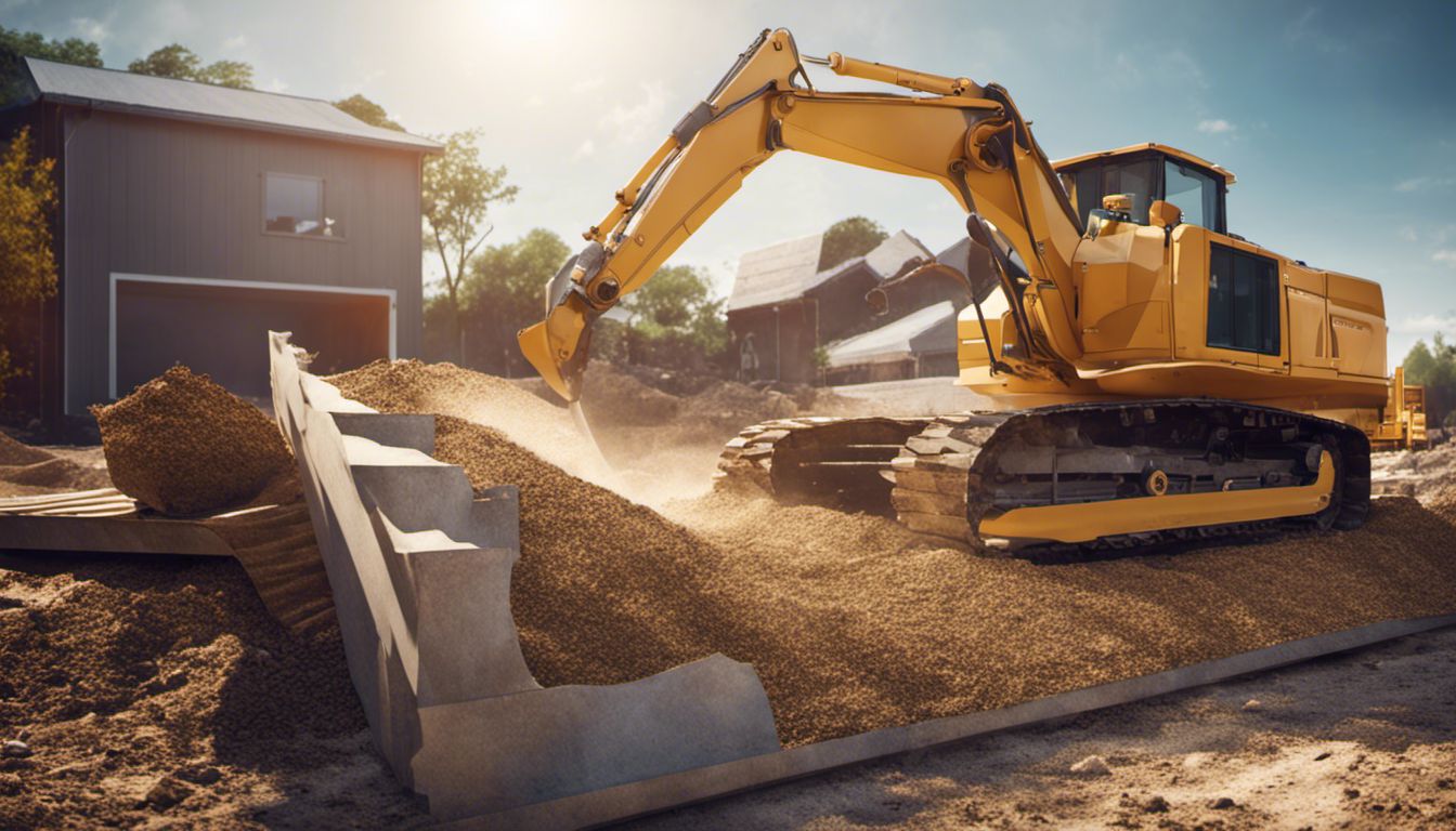 Construction of a pool base with a bulldozer leveling the ground and equipment scattered around.