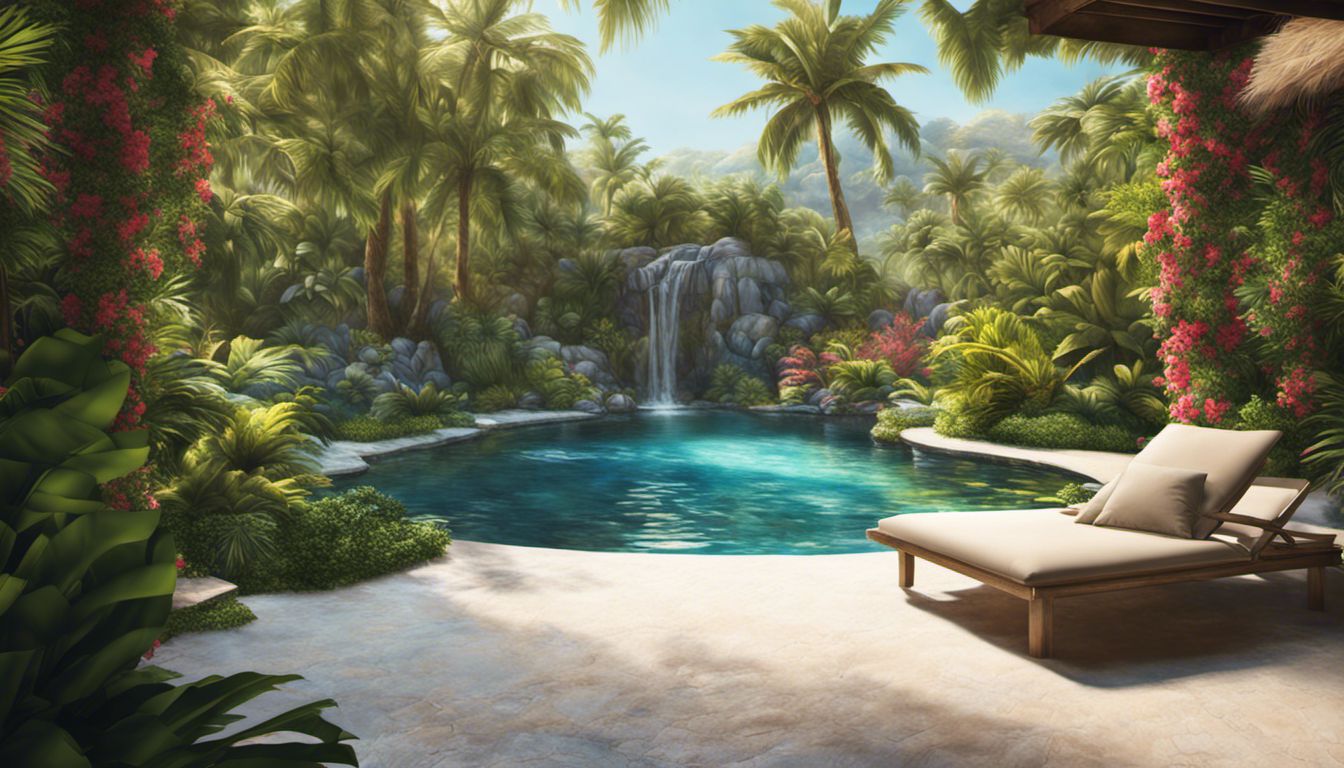 A tranquil pool surrounded by lush tropical foliage and palm trees, capturing the beauty and serenity of nature.