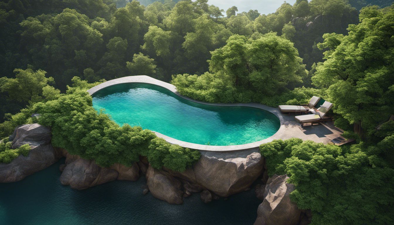 A serene pool amidst lush green foliage and natural rock formations, enticing viewers to immerse themselves in its refreshing embrace.