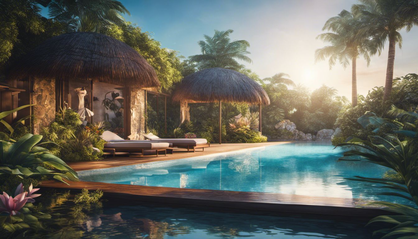 A mesmerizing tropical paradise featuring a uniquely-shaped inground pool surrounded by vibrant plants and flowers.