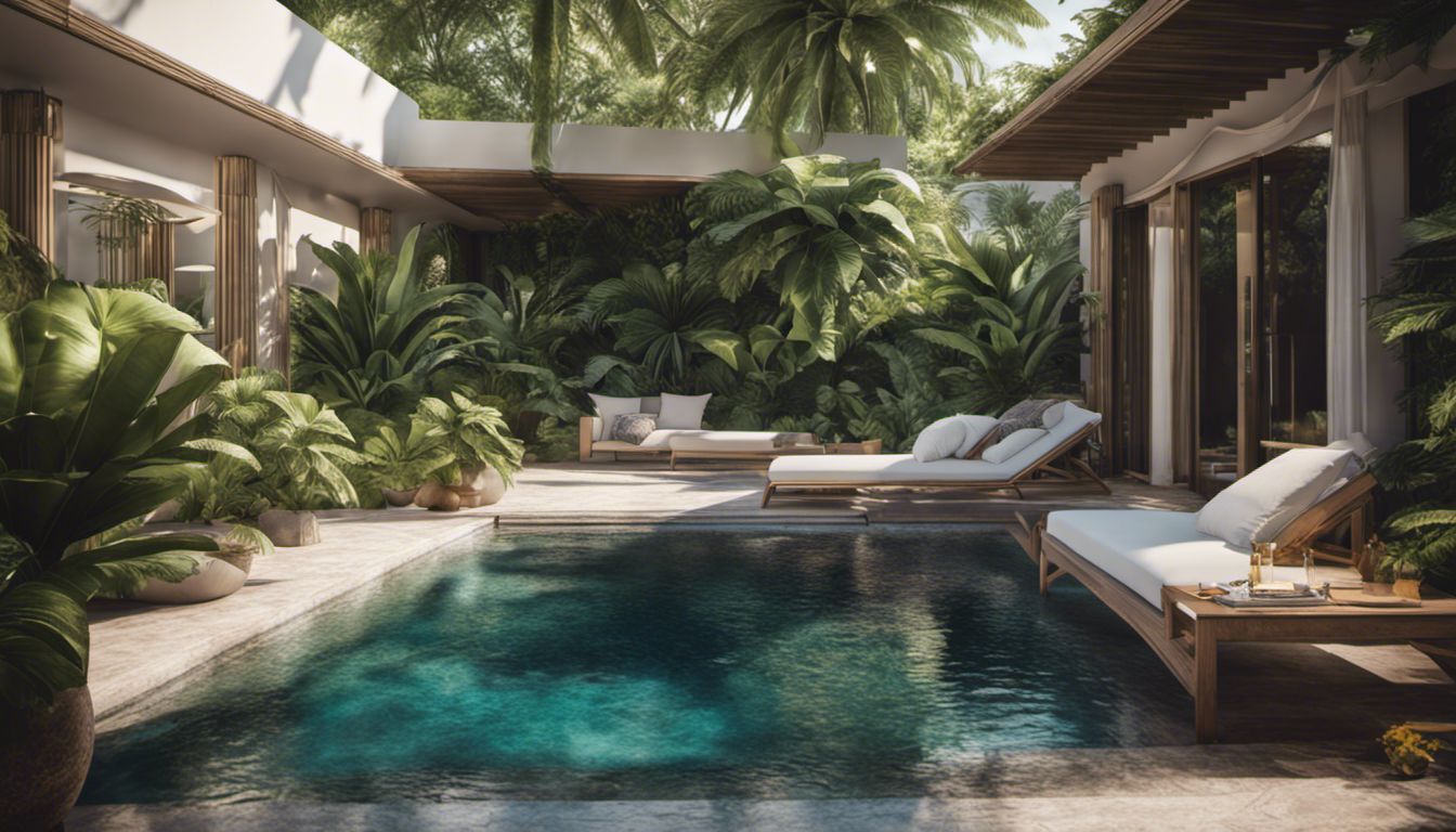 A stunning pool with an intricate designer cover, set in a vibrant tropical garden paradise.