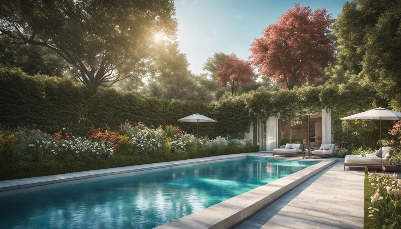 An elegant pool with a designer cover set in a beautifully landscaped garden, radiating luxury and tranquility.