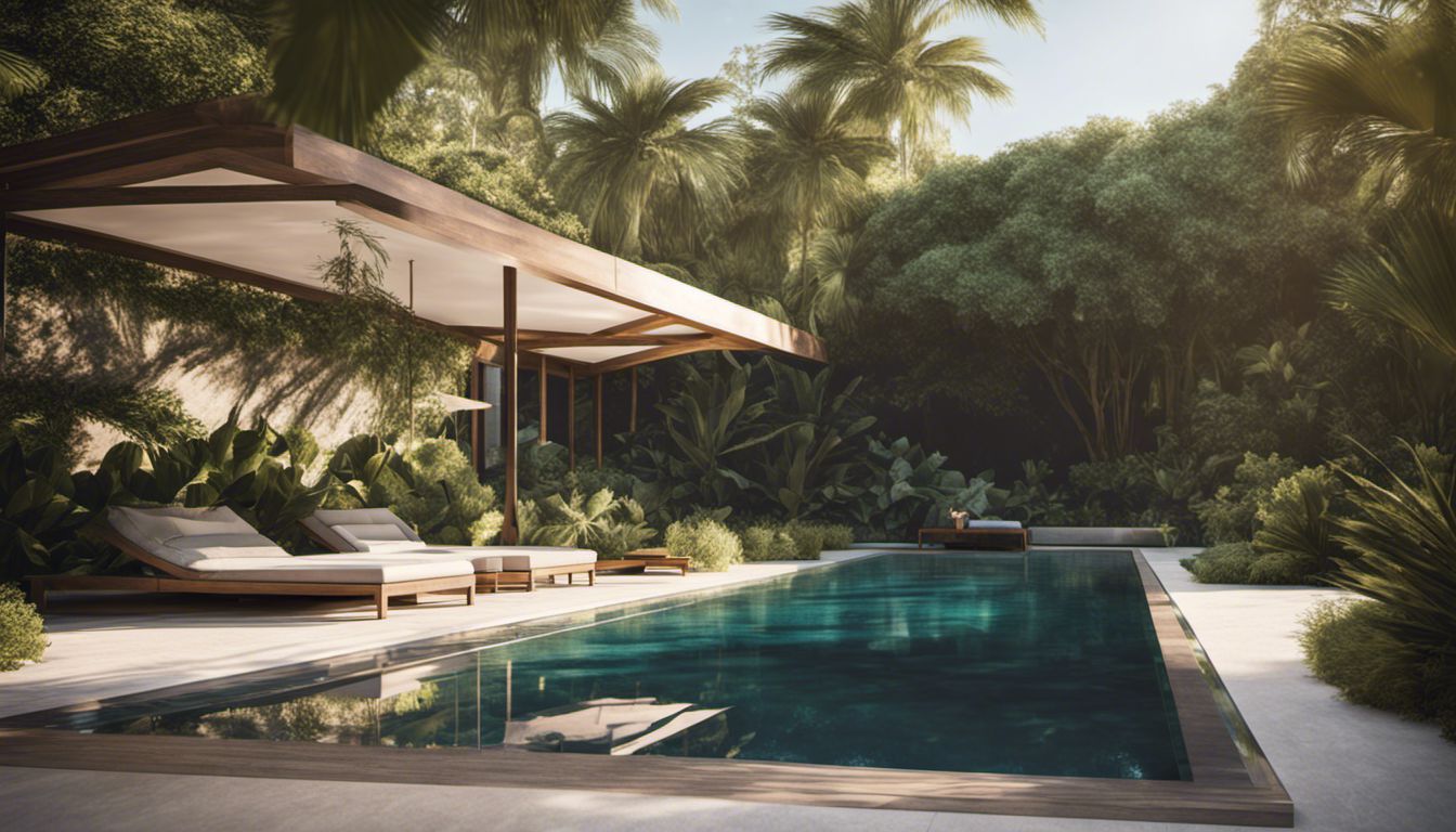 A serene tropical paradise featuring a modern pool with an elegant designer cover surrounded by lush greenery and palm trees.