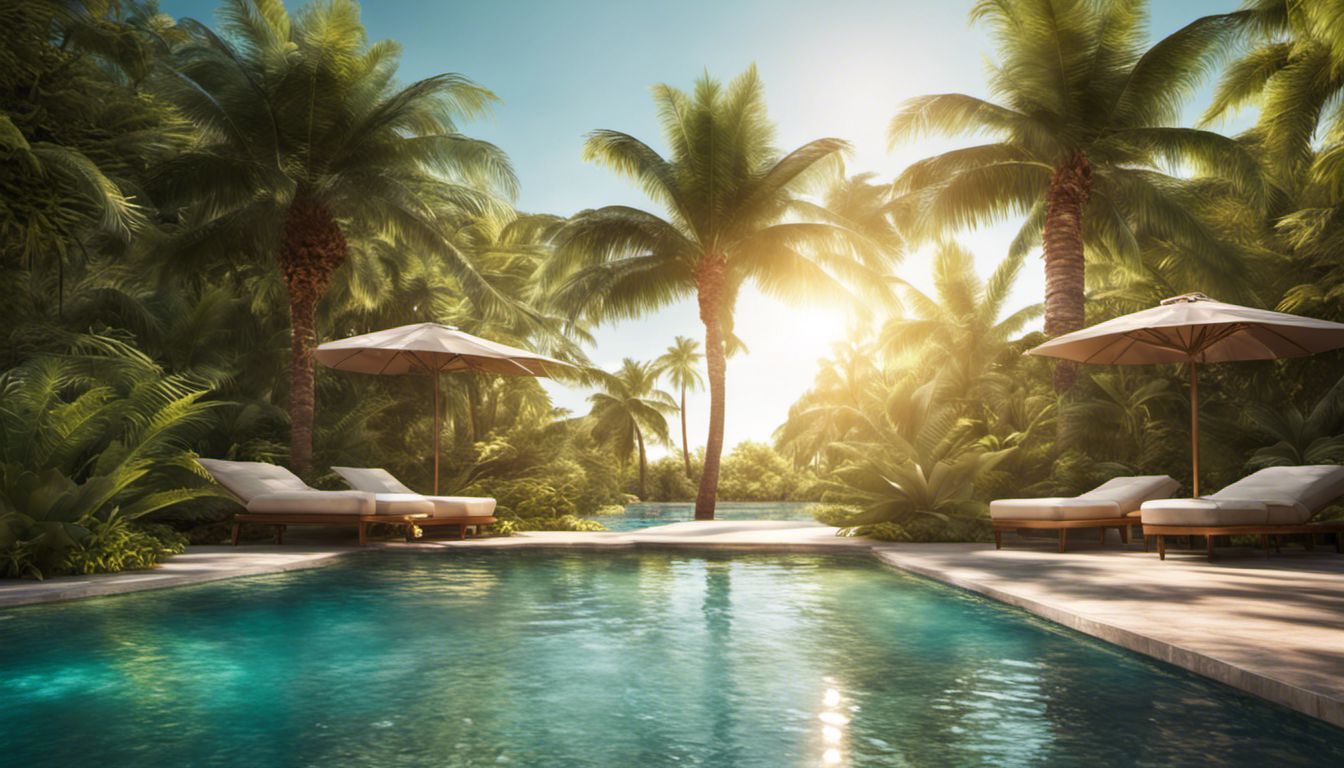 A peaceful pool in a tropical paradise, surrounded by lush palm trees and bathed in golden sunlight.