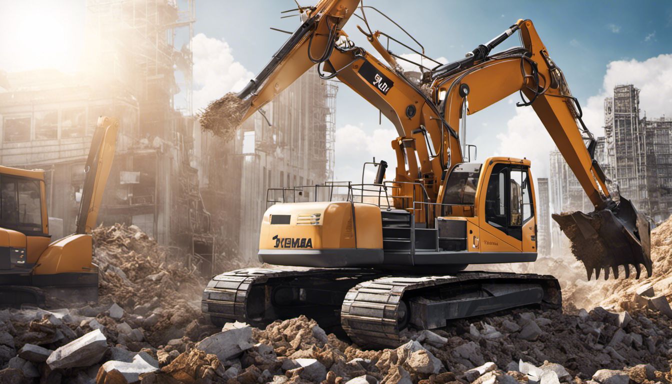 An excavator lifts dirt and debris in a busy construction site, symbolizing progress and transformation.