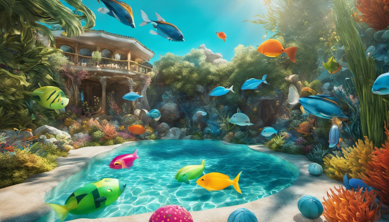 An underwater view of a colorful pool filled with pool toys and vibrant marine life.
