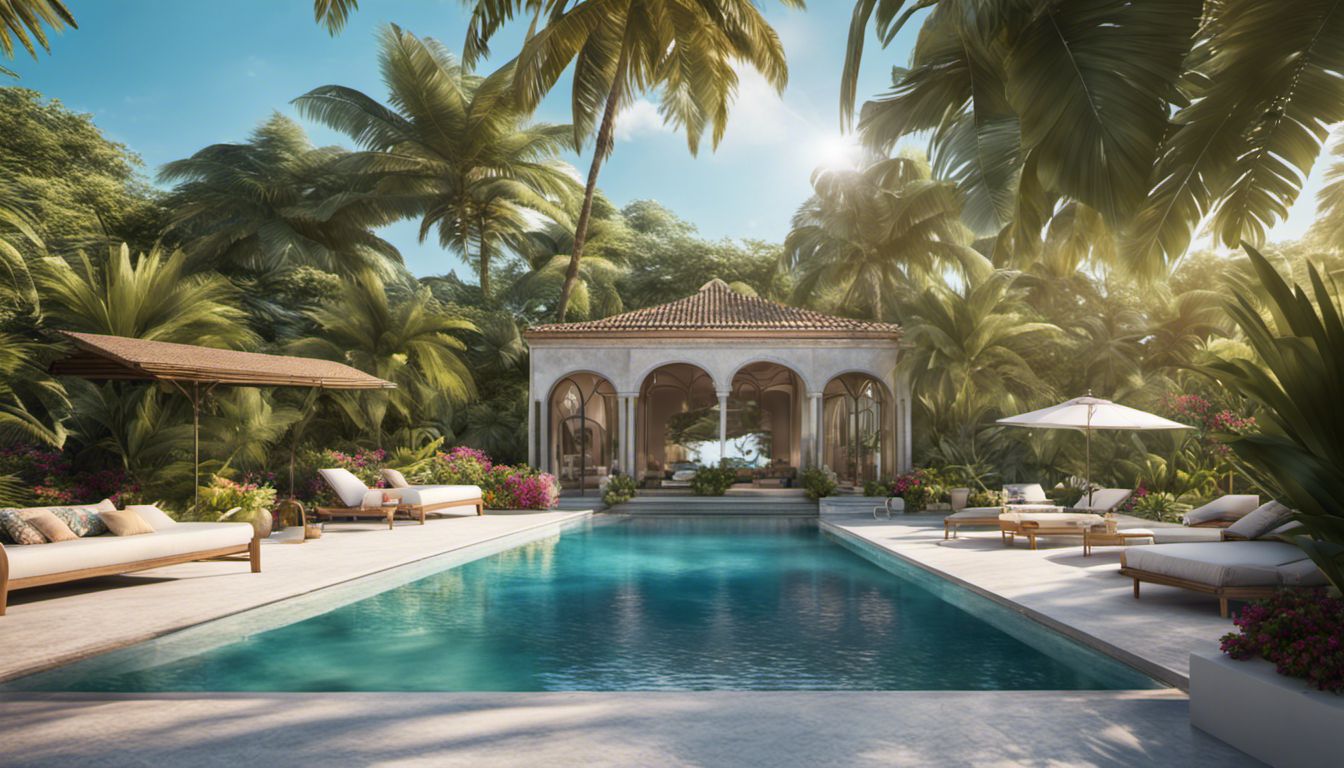 A tropical oasis with a luxurious pool surrounded by palm trees and vibrant flowers, reflecting the serene landscape.