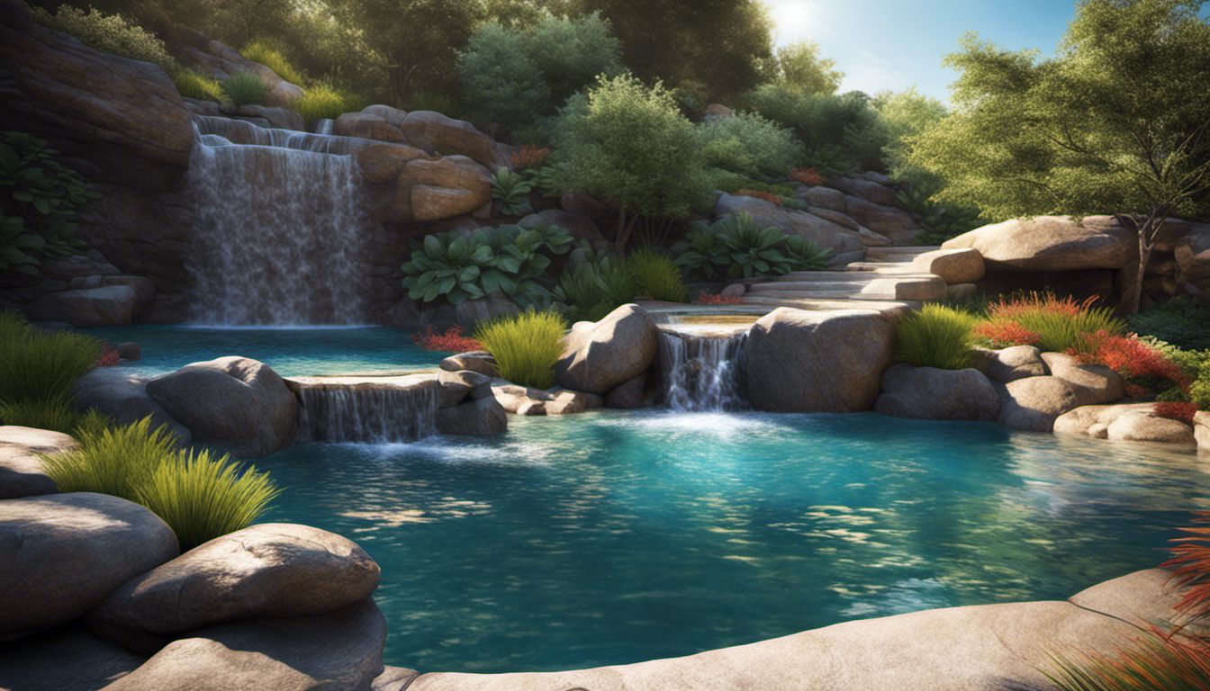 A captivating modern pool design with a stunning waterfall backdrop, reflecting the vibrant surrounding landscape.