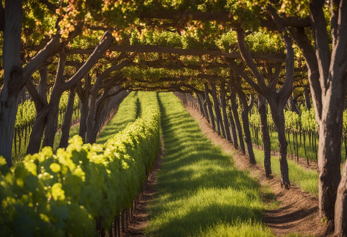 Een weelderige wijngaard met rijen Cabernet Sauvignon-druivenranken die zich uitstrekken tot in de verte.
