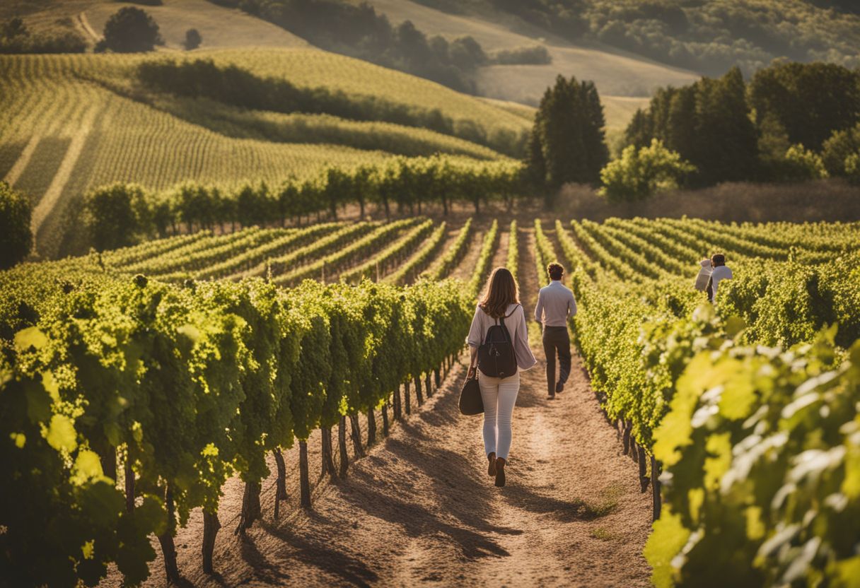 Een foto van een wijngaardlandschap in Frankrijk met rijen volwassen Shiraz-druivenstokken.