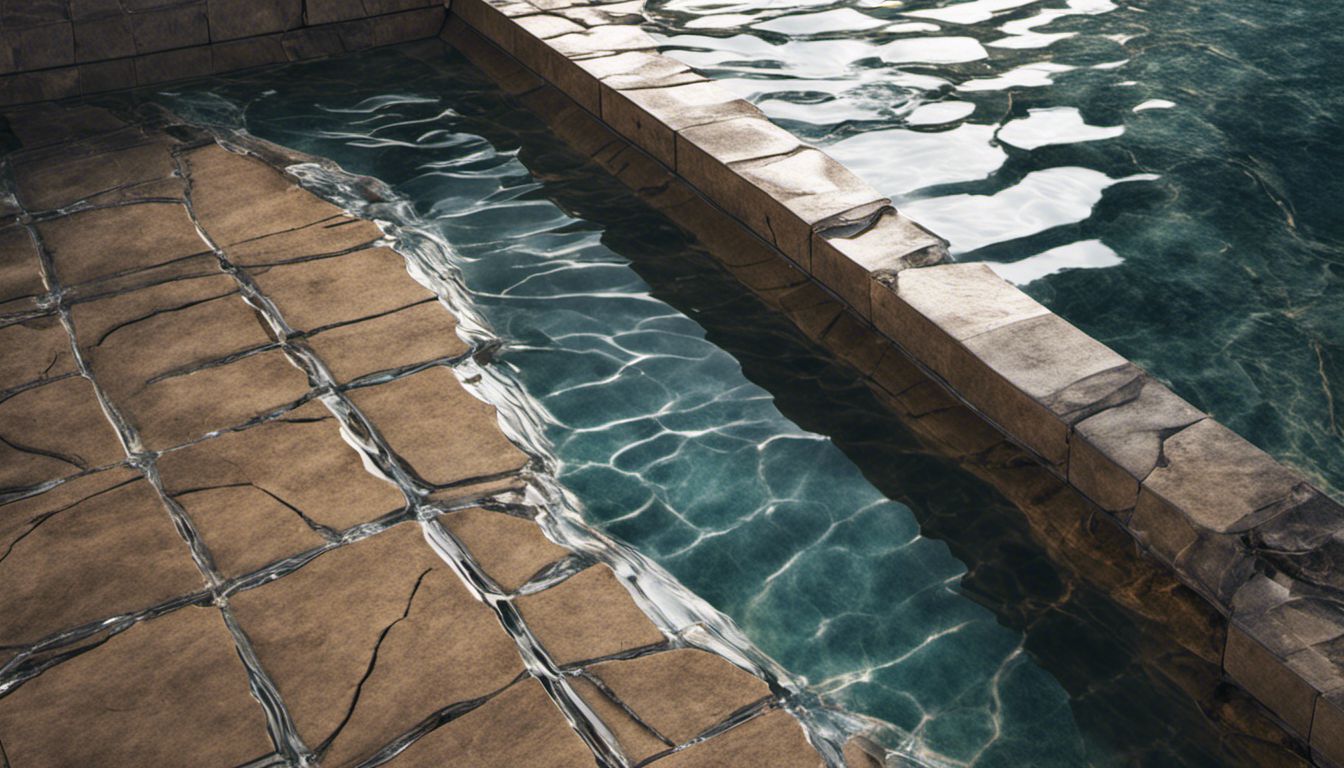 A close-up shot of a cracked pool tile against clear water, showcasing the beauty of decay and the contrast between man-made and natural elements.