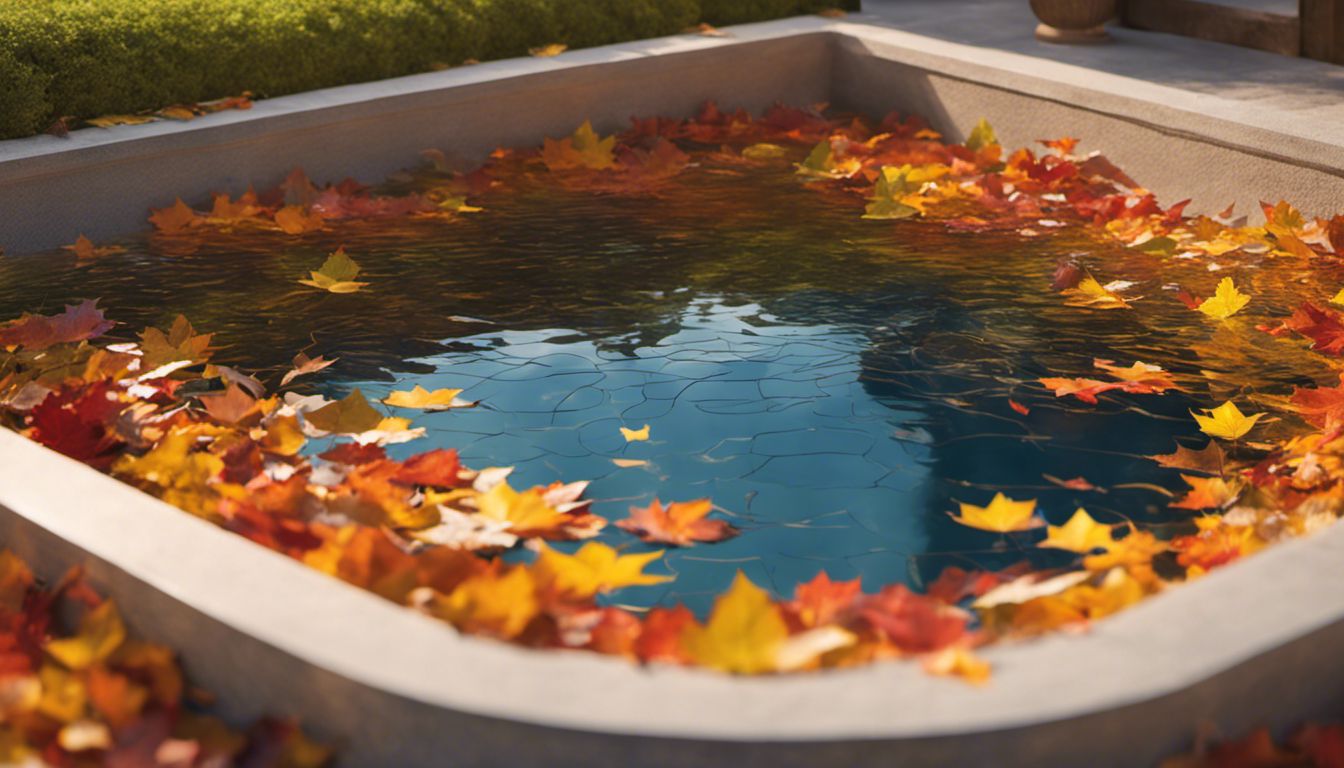 A pool skimmer basket filled with colorful leaves and debris, surrounded by a serene and tranquil environment.