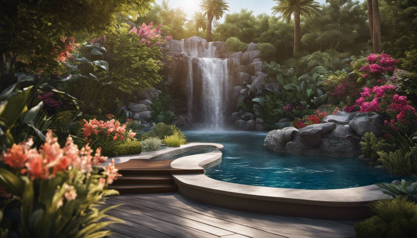 A serene and luxurious backyard oasis with a pool surrounded by vibrant flowers, lush greenery, and cascading waterfalls.