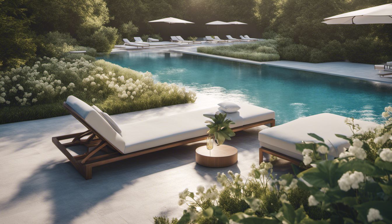 A serene and minimalist pool oasis surrounded by lush greenery and blooming flowers.
