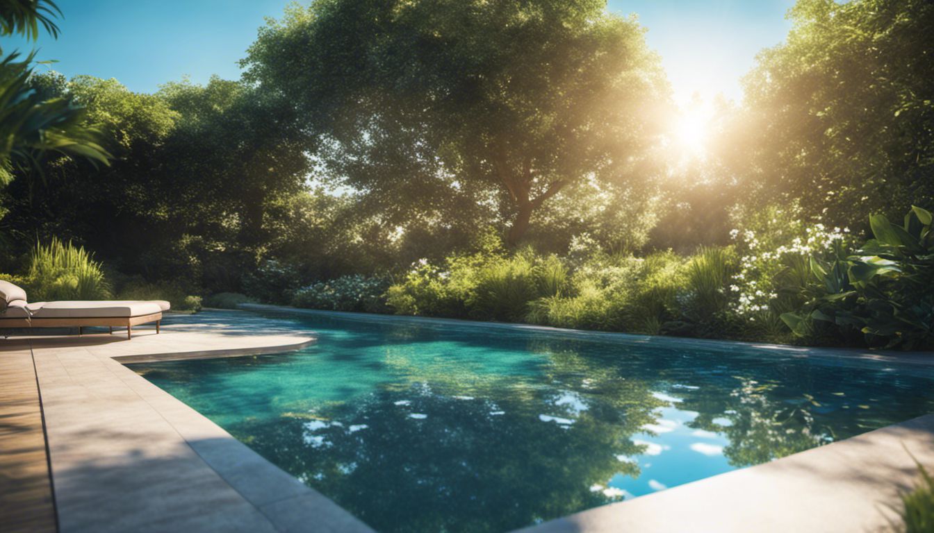 A serene pool surrounded by lush greenery and colorful flowers, reflecting the clear blue sky.