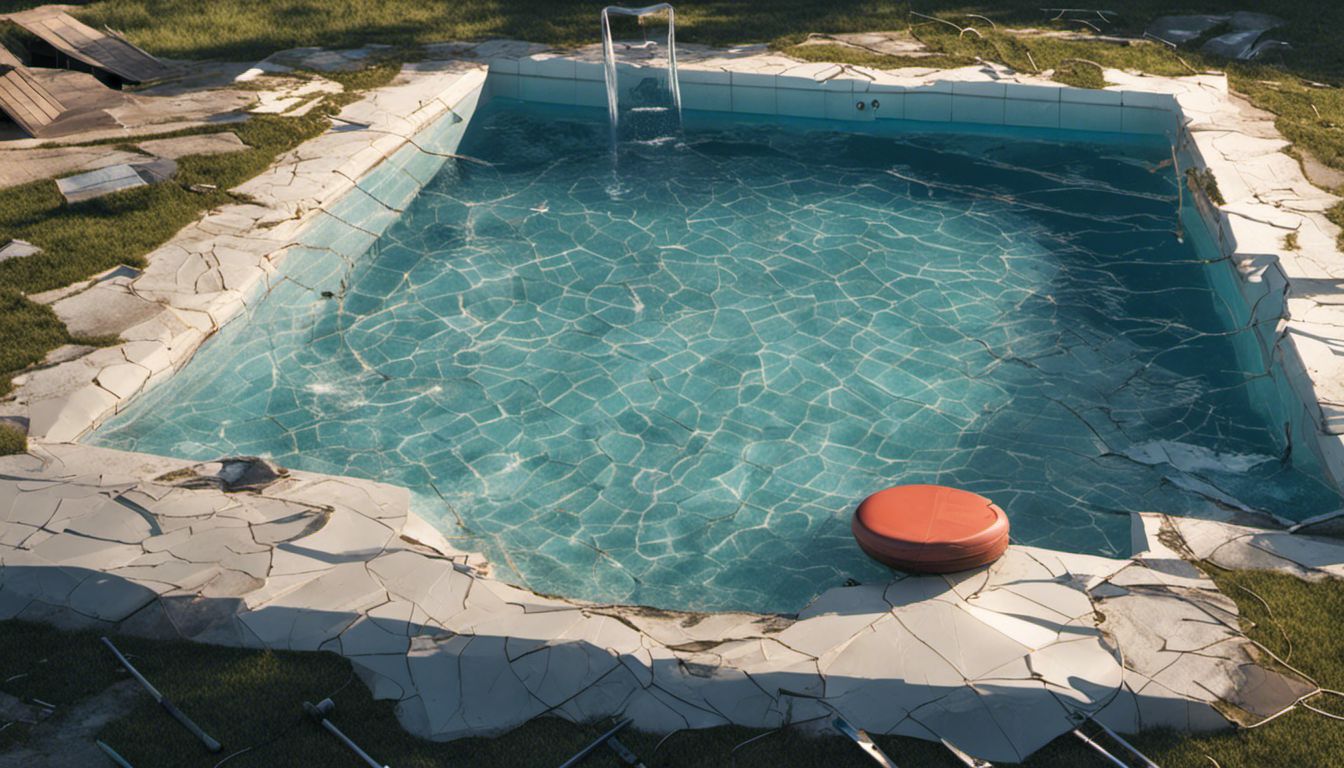 A damaged pool with repair tools and materials scattered around, symbolizing neglect, resilience, and potential for restoration.