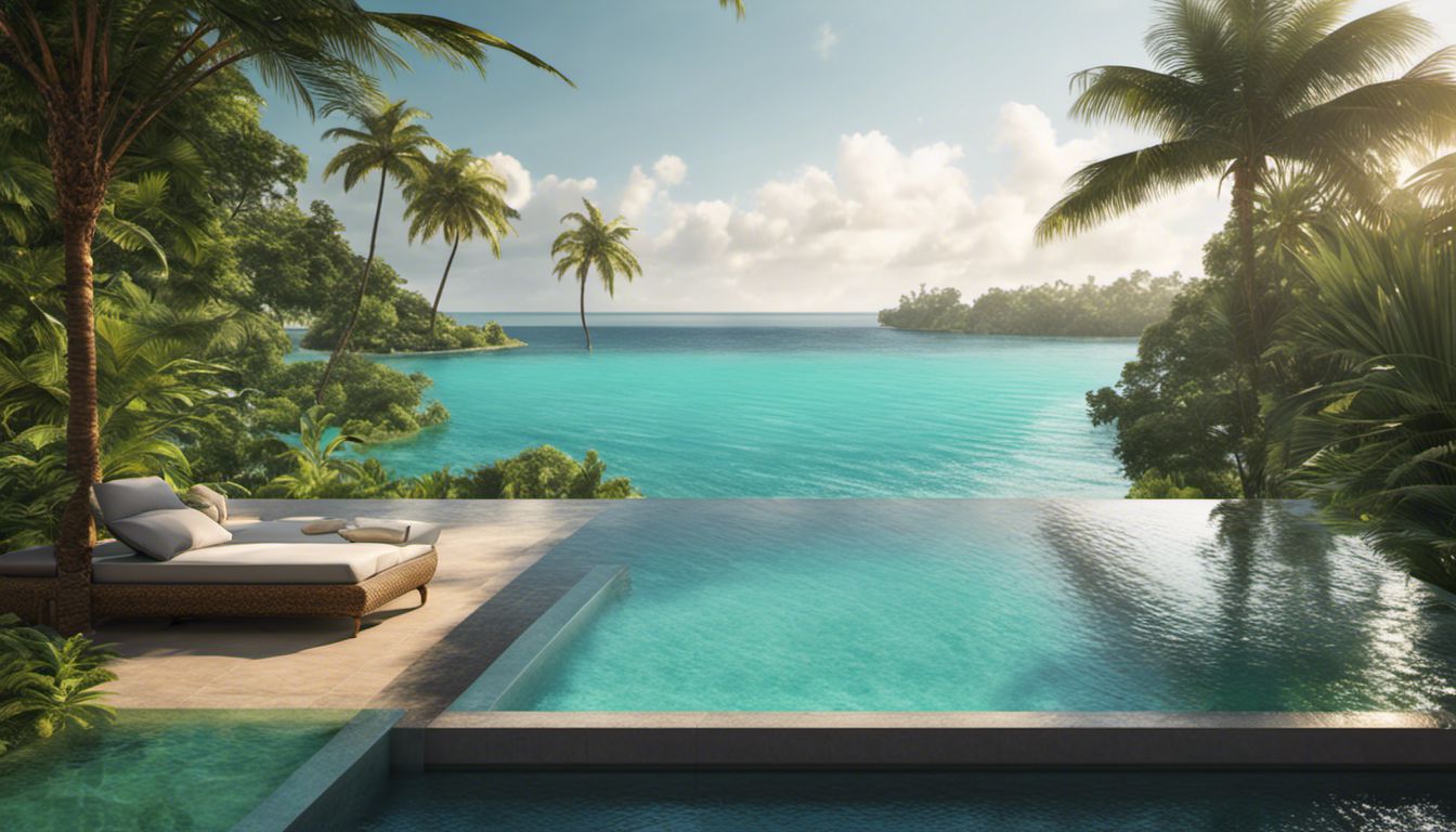 A tropical paradise with a luxurious infinity pool surrounded by lush greenery and a breathtaking seascape.