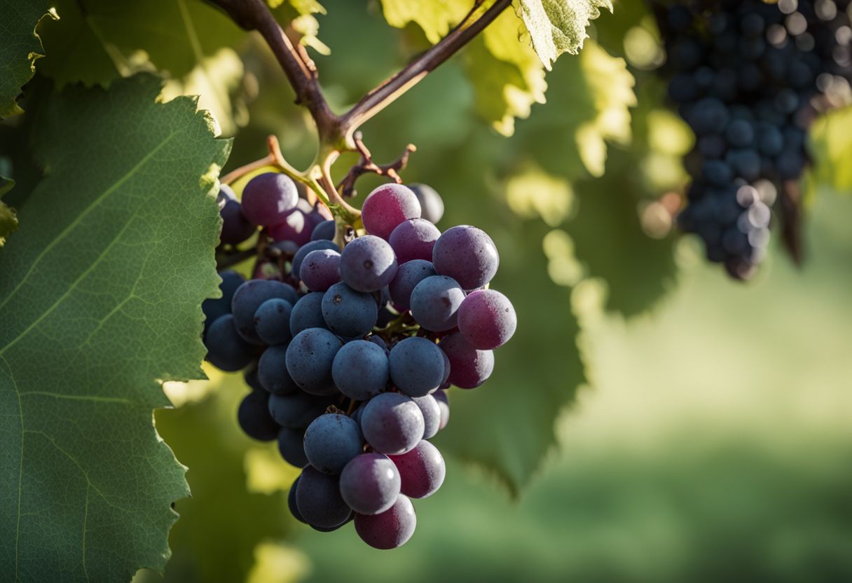 Een cluster rijpe Cabernet Sauvignon druiven op een wijnstok in een wijngaard.