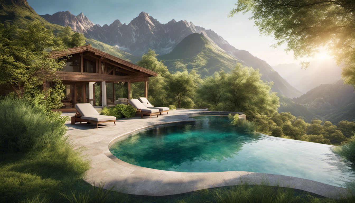 A serene pool surrounded by lush green foliage and mountains, showcasing the harmony of water and land.