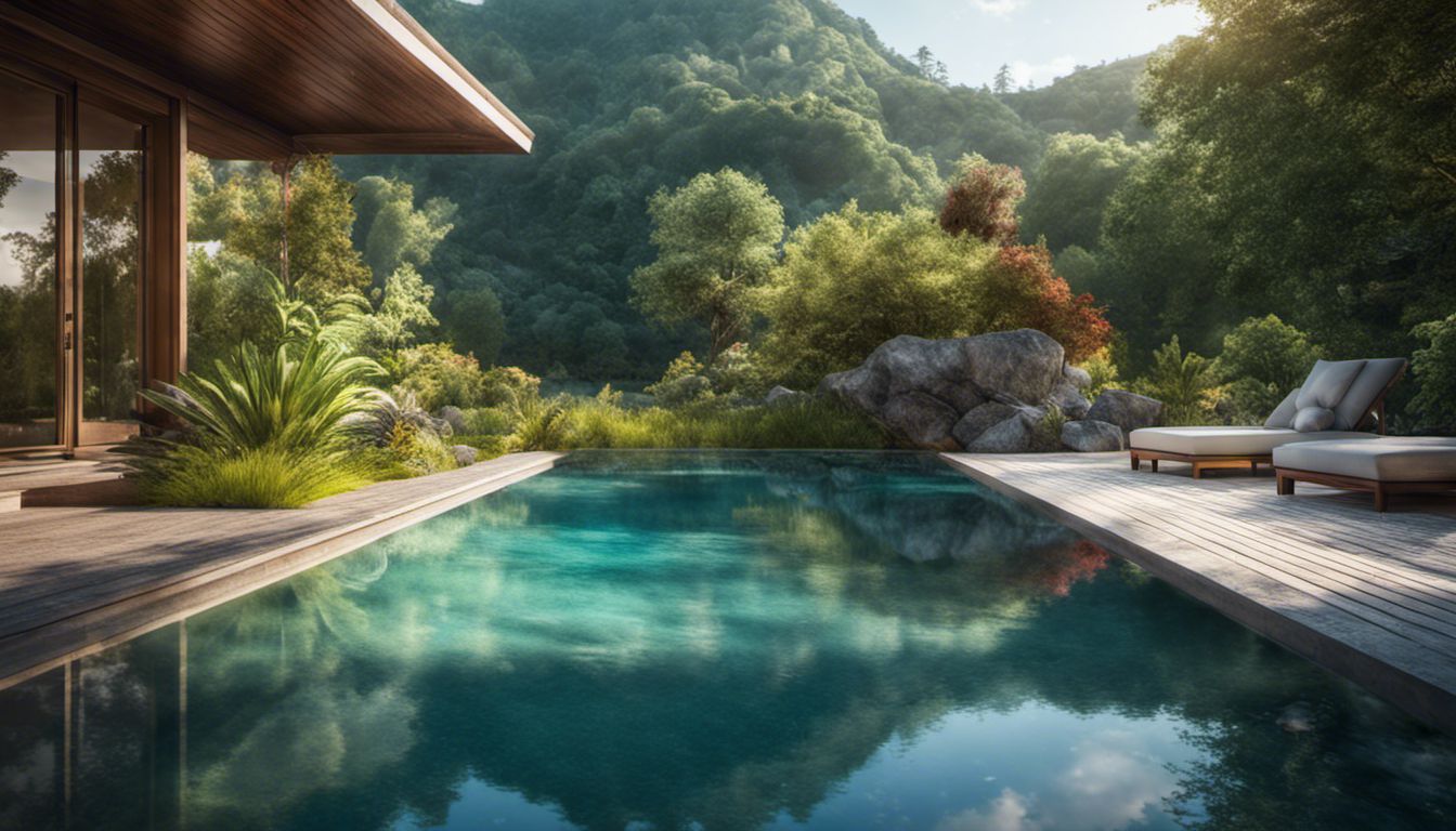 A serene marbelite pool surrounded by vibrant landscaping, reflecting the beauty of nature in this tranquil photograph.