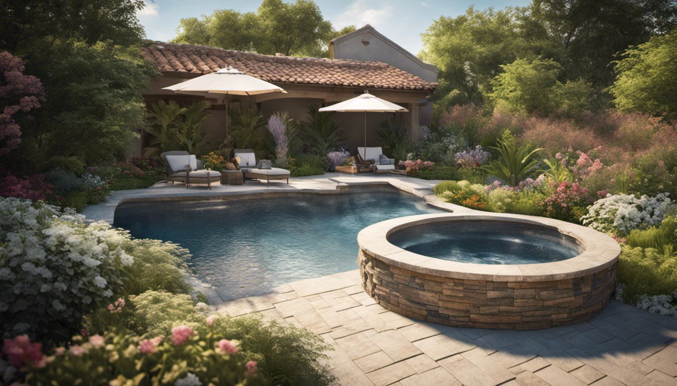 A serene pool surrounded by stone pavers, greenery, and flowers creates a peaceful backyard oasis.