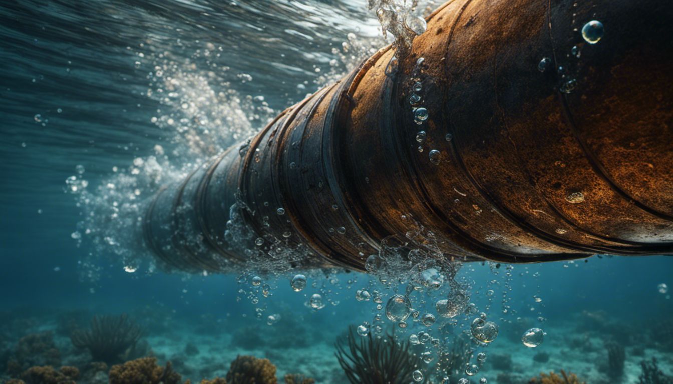 A close-up photograph of a damaged underwater pipe showcasing its rust and decay.