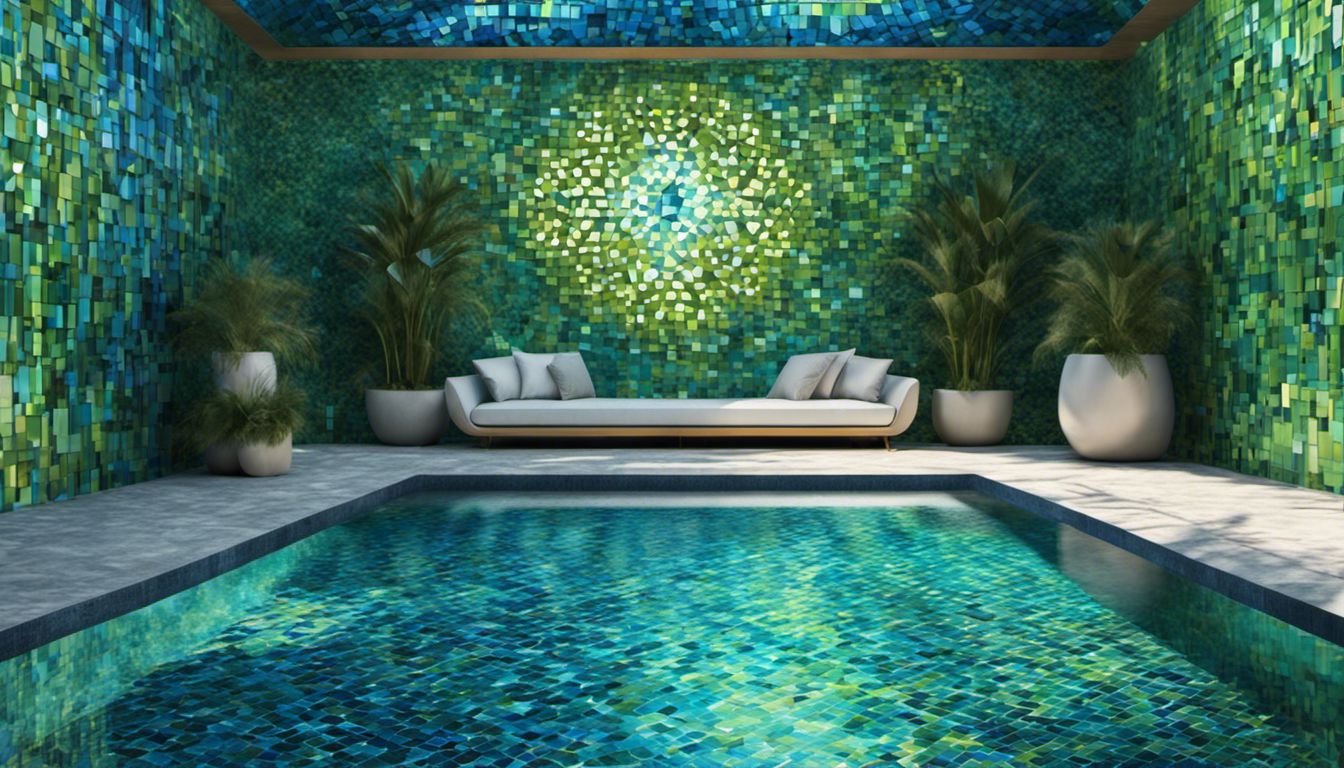An underwater view of vibrant blue and green pool tiles with intricate designs.