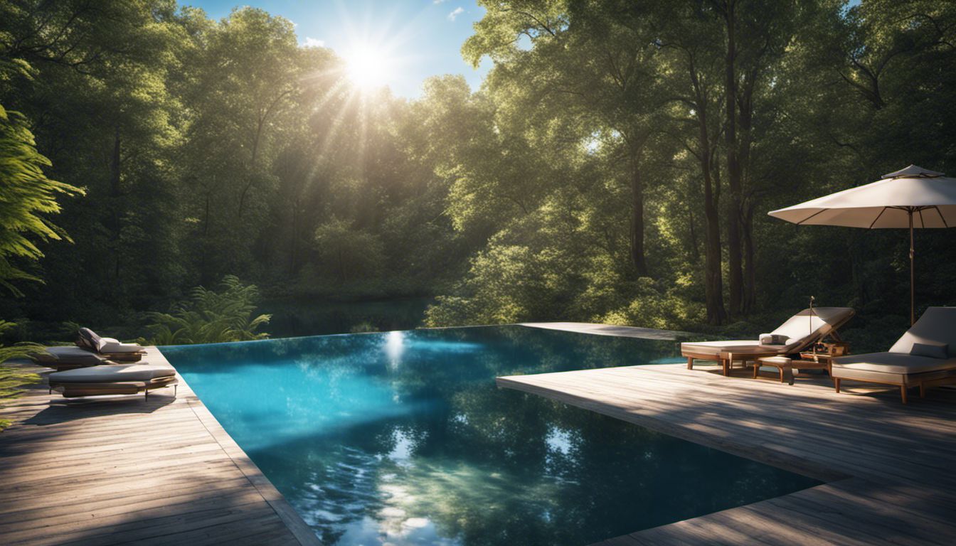 A tranquil forest pool surrounded by lush greenery, reflecting the clear blue sky, captured in captivating nature photography.